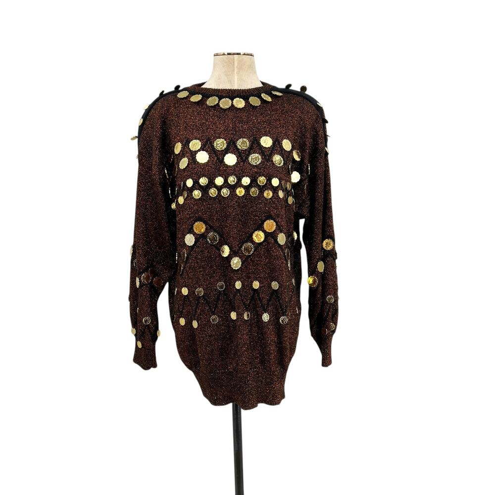 Bonnie Boerer Vintage Sweater Coin Trim Metallic Glitter Gold Size Large